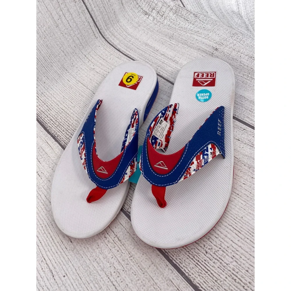 Reef Fanning Flip Flops Mens 9 Patriotic Red White Blue Bottle Opener American